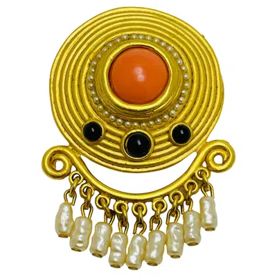 Pre-owned Craft Signed Gold Tone Pearl Coral Designer Brooch In Red