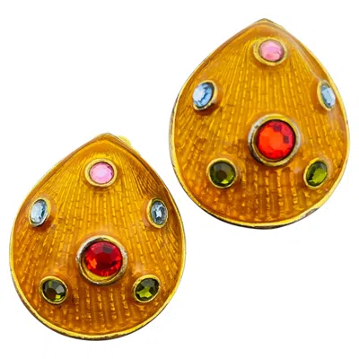 Pre-owned Craft Signed Vintage Gold Tone Enamel Rhinestones Seashell Designer Earrings In Multi