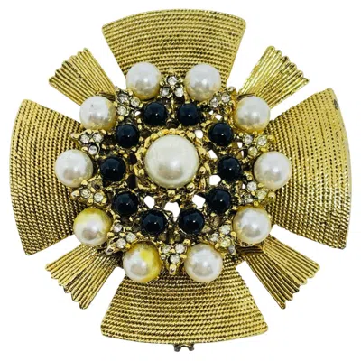 Pre-owned Craft Signed Vintage Gold Tone Maltese Cross Pearls Black Beads Designer Brooch