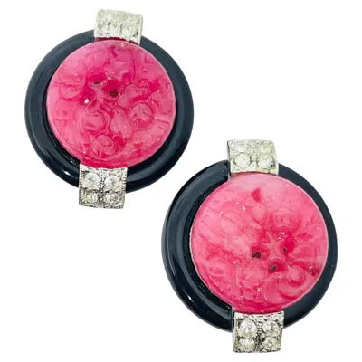 Pre-owned Craft Signed Vintage Silver Ruby Glass Black Enamel Designer Clip On Earrings
