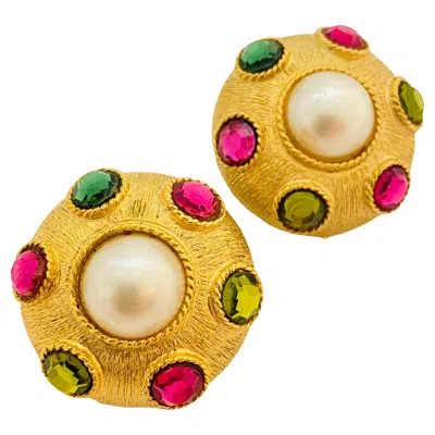 Pre-owned Craft Vintage  Huge Gold Pearl Rhinestone Designer Runway Clip On Earrings In Multi