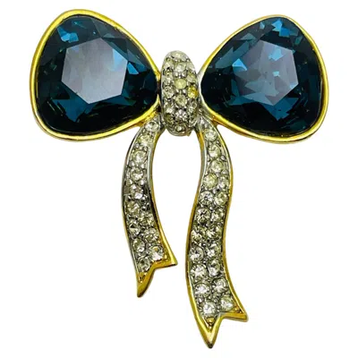 Pre-owned Craft Vintage  Signed Gold Tone Sapphire Crystal Massive Bow Designer Brooch In Blue