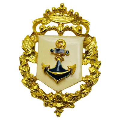 Pre-owned Craft Vintage Gold Enamel Anchor Crown Designer Runway Brooch In Multi