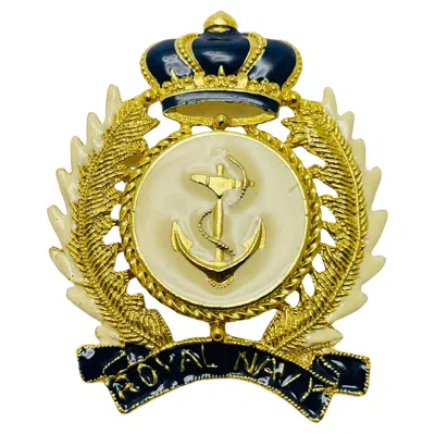 Pre-owned Craft Vintage Gold Enamel Royal Navy Anchor Crown Designer Runway Brooch In Blue