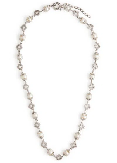 Craftd Filigree Crystal-embellished Pearl Necklace In Silver