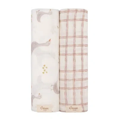 Crane Baby 2-pc. Goose/check Swaddle Set In Brown