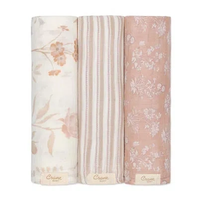 Crane Baby Violet Floral 100% Cotton Muslin Swaddle Blankets (set Of 3) In Beige