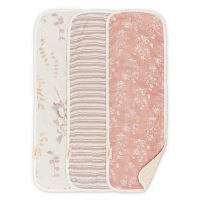 Crane Baby Violet Floral Cotton Muslin Baby Burp Cloth Set (3 Pack) In Pink