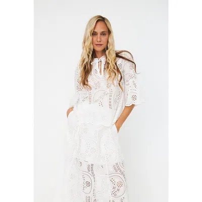 Cras Briza Eyelet Tie Neck Blouse In White