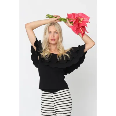 Cras Flounce Ruffle Bardot Top In Black