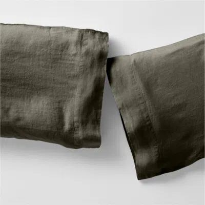 Crate & Barrel Aire Natural European Linen Burnt Green King Pillowcases, Set Of 2