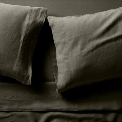 Crate & Barrel Aire Natural European Linen Burnt Green Queen Bed Sheet Set