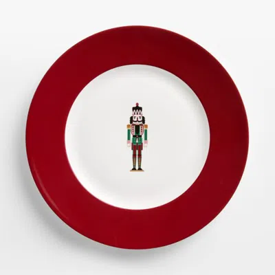 Crate & Barrel Aspen Red Rim Nutcracker Porcelain Dinner Plate In White