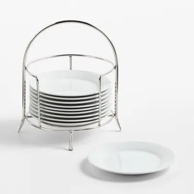 Crate & Barrel Aspen Rimmed Appetizer Plates With Stainless Steel Stand, Set Of 10 In White