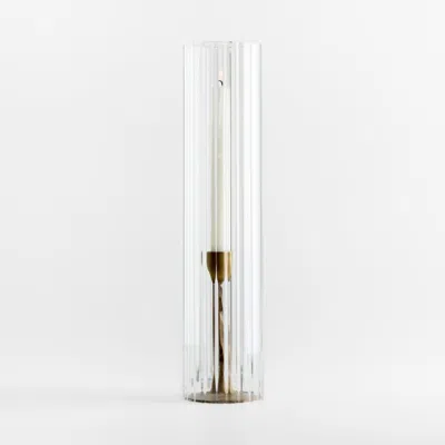 Crate & Barrel Barteau Small Brass Finish Taper Candle With Short 17" Glass Candle Holder Sleeve In Transparent