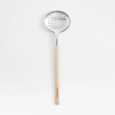 Crate & Barrel Beechwood And Stainless Steel Slotted Spoon In Silver
