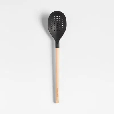 Crate & Barrel Black Silicone And Wood Deep Slotted Spoon