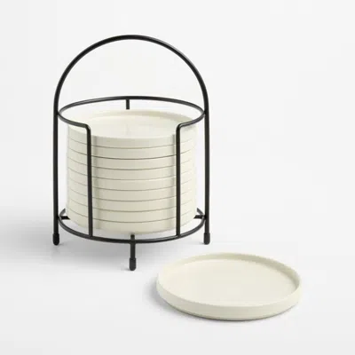 Crate & Barrel Bristol Ceramic Appetizer Plates With Black Iron Stand, Set Of 10 In White