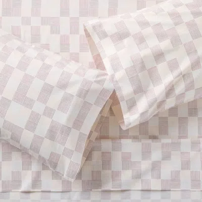 Crate & Barrel Caden Checker Purple 100% Organic Cotton Kids Full Sheet Set In Pink