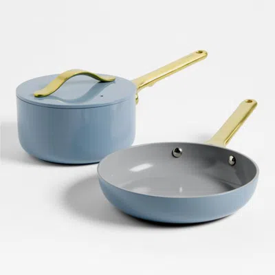 Crate & Barrel Caraway ® Blue Lagoon Ceramic Nonstick Mini Fry Pan & Sauce Pan Cookware Duo With Gold Hardware