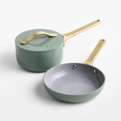 Crate & Barrel Caraway ® Coastline Ceramic Nonstick Mini Cookware Duo With Champagne Hardware In Green