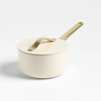 Crate & Barrel Caraway ® Cream 1.75-qt. Ceramic Nonstick Mini Saucepan With Gold Hardware In White