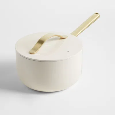 Crate & Barrel Caraway ® Cream 3-qt. Ceramic Nonstick Saucepan With Gold Hardware In White