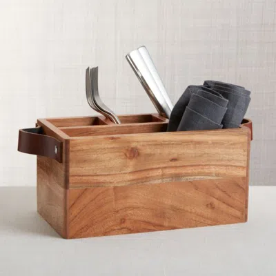 Crate & Barrel Carson Flatware Caddy With Leather Handles In Brown