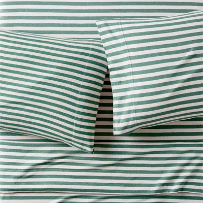 Crate & Barrel Comfy Tee Pine Green Stripe 100% Organic Cotton Jersey Kids Full Sheet Set In Multi