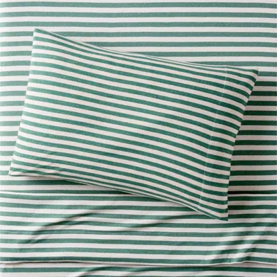 Crate & Barrel Comfy Tee Pine Green Stripe 100% Organic Cotton Jersey Kids Twin Sheet Set