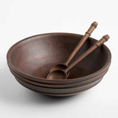 Crate & Barrel Coventry Carved Wood Serving Bowl & Serving Utensil Set In Brown