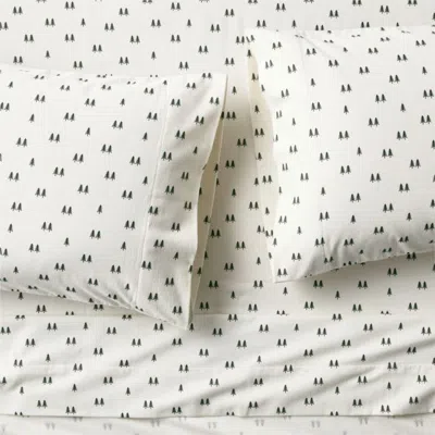 Crate & Barrel Cozysoft Organic Cotton Flannel Ficus Green Trees Queen Sheet Set In White