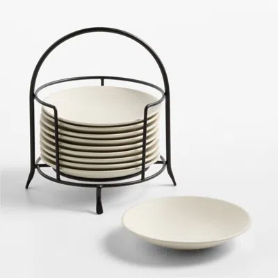 Crate & Barrel Craft Linen Round Stoneware Appetizer Plates With Black Stand, Set Of 10 In White