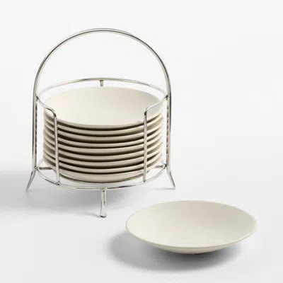 Crate & Barrel Craft Linen Round Stoneware Appetizer Plates With Stainless Steel Stand, Set Of 10 In White