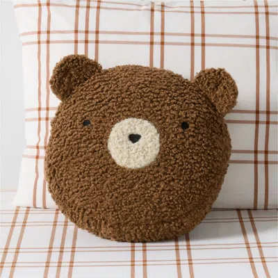 Crate & Barrel Cuddle Brown Sherpa Bear Face Embroidered Kids Throw Pillow