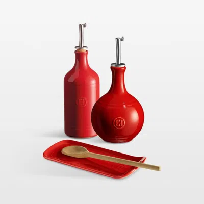 Crate & Barrel Emile Henry Oil Cruet And Spoon Rest Set In Burgundy In Red