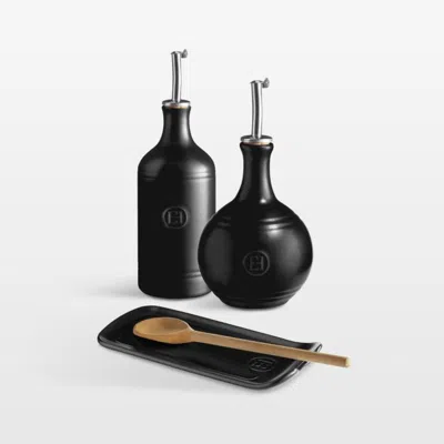 Crate & Barrel Emile Henry Oil Cruet And Spoon Rest Set In Truffle In Black