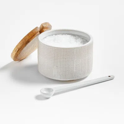 Crate & Barrel Ena Stoneware Salt Cellar With Spoon And Fsc Acacia Wood Lid In White