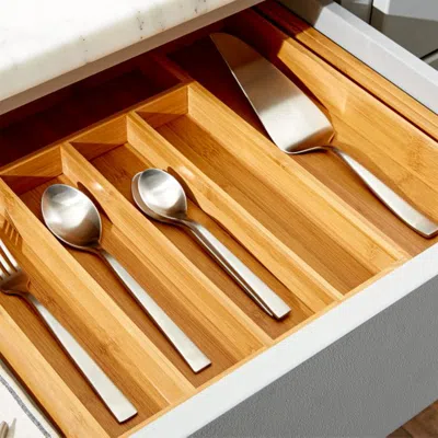 Crate & Barrel Expandable Bamboo Flatware Tray In Brown
