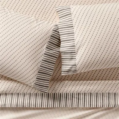 Crate & Barrel Favorite Washed Organic Cotton Block Print Full Bed Sheet Set In Neutral