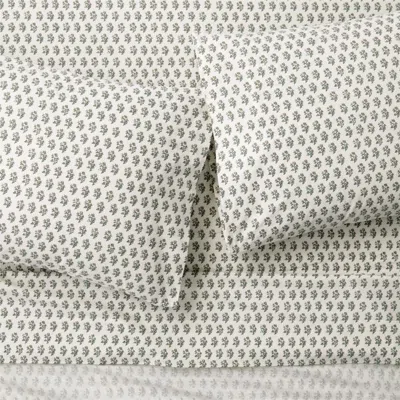 Crate & Barrel Favorite Washed Organic Cotton Desert Bloom Queen Bed Sheet Set In White