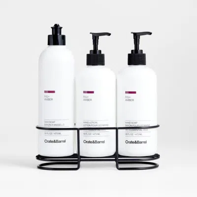 Crate & Barrel Fig + Amber Dish Soap, Hand Soap & Lotion 4-piece Set With Matte Black Steel Caddy In White