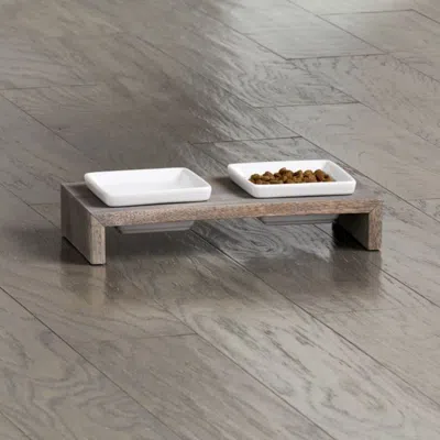 Crate & Barrel Fossil Extra-small Double-bowl Feeder In Gray