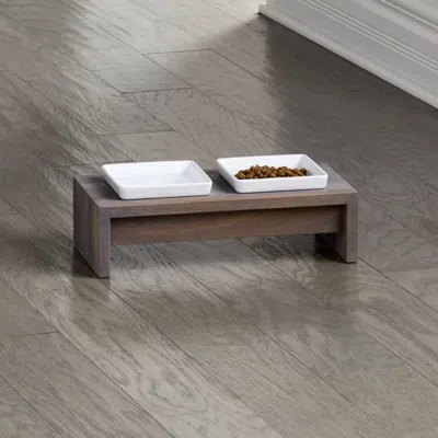 Crate & Barrel Fossil Small Double-bowl Feeder In Gray