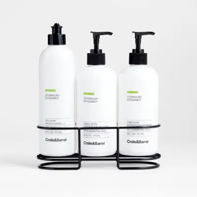 Crate & Barrel Geranium + Bergamot Dish Soap, Hand Soap & Lotion 4-piece Set With Matte Black Steel Caddy In White