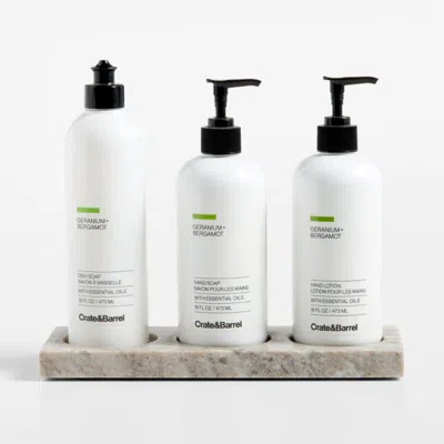 Crate & Barrel Geranium + Bergamot Dish Soap, Hand Soap & Lotion 4-piece Set With Tuscan Kitchen Marble Caddy In Neutral