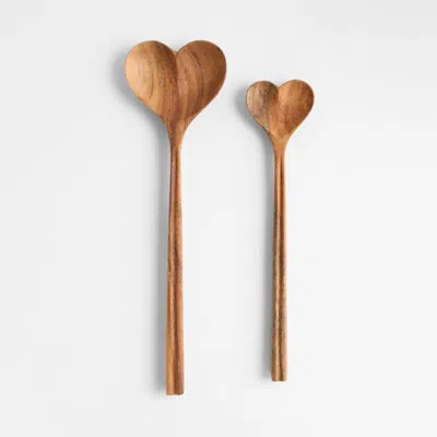 Crate & Barrel Heart Acacia Wood Mixing Spoon, Set Of 2 In Brown