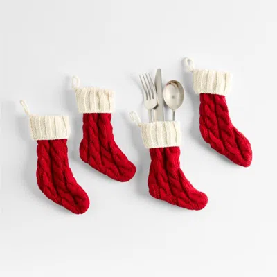 Crate & Barrel Holiday Cable Knit Red Mini Stocking Flatware Holders, Set Of 4
