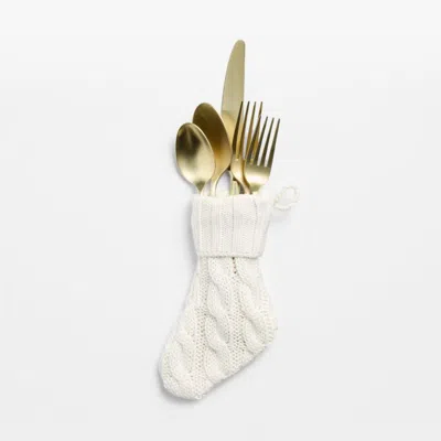 Crate & Barrel Holiday Cable Knit White Mini Stocking Flatware Holders, Set Of 4