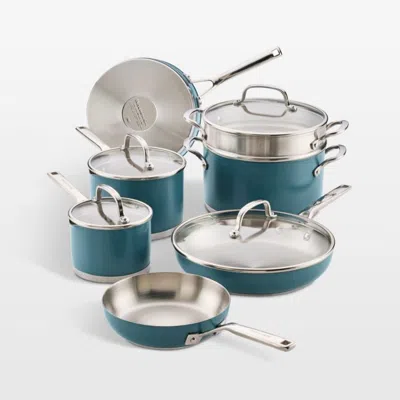 Crate & Barrel Kitchenaid ® Agave Stainless Steel 3-ply Ceramic Nonstick 11-piece Cookware Set In Blue